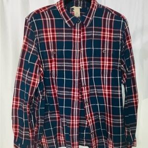 Duluth Trading Co Navy and Red Plaid Button-Down Shirt